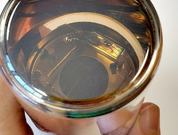 An image of a hand holding a photomultiplier tube showing off the front photocathode surface.